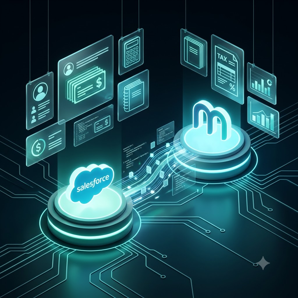 Salesforce and MYOB integration diagram showing connected customer and invoice data between CRM and accounting platforms